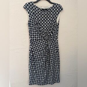 Ralph Lauren Navy and White Geometric Twist-Front Midi Dress